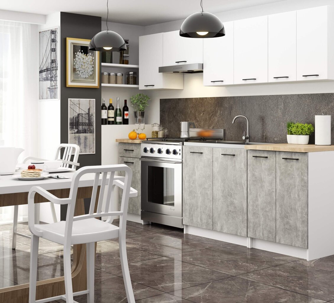 Virtuvinių spintelių komplektas Akord Oliwia 2.4 m, baltas/pilkas kaina ir informacija | Virtuvės baldų komplektai | pigu.lt