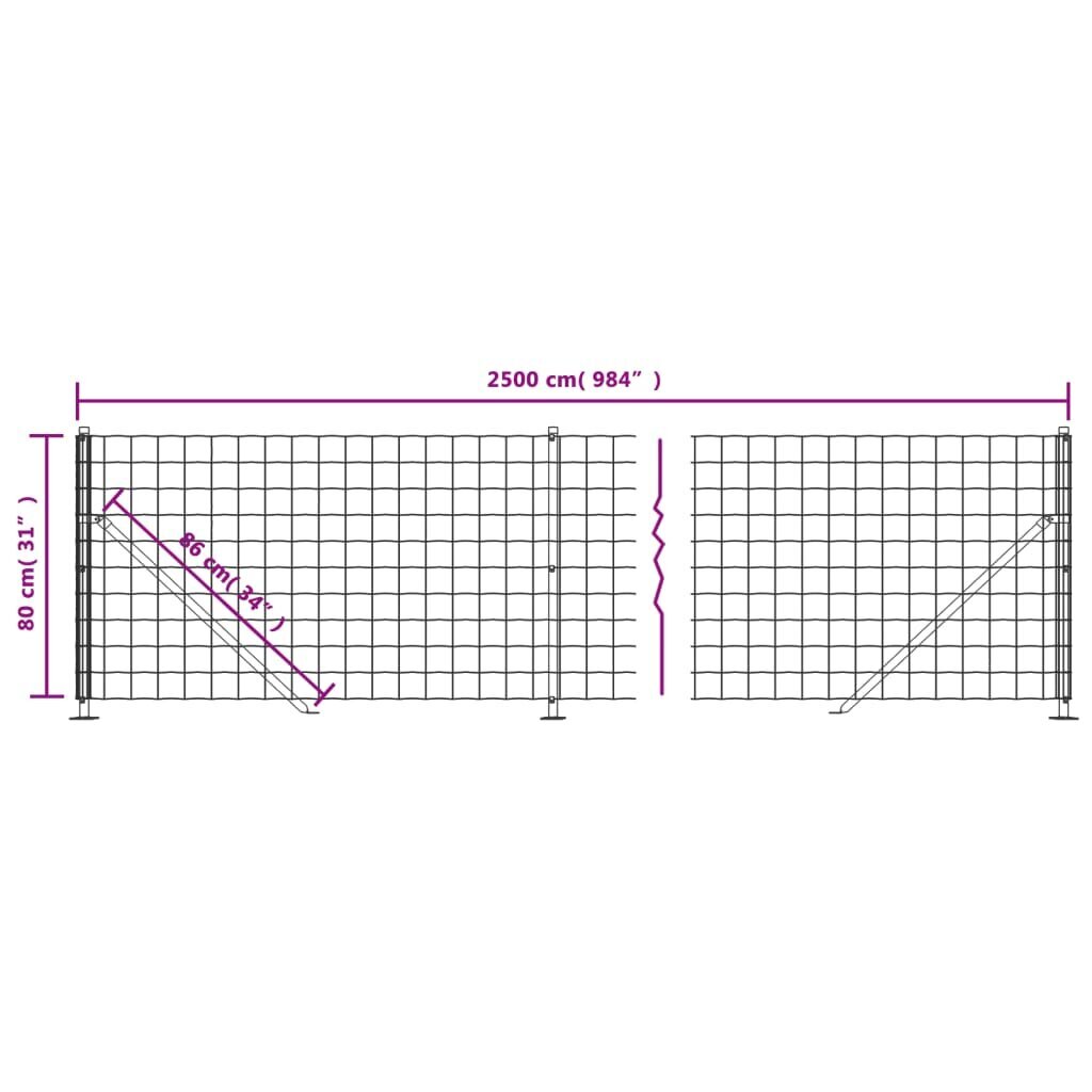 Vielinė tinklinė tvora vidaXL 0,8x25m kaina ir informacija | Tvoros ir jų priedai | pigu.lt