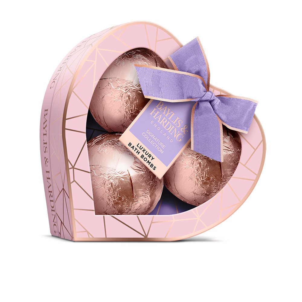 Vonios bombų dovanų rinkinys Baylis & Harding Jojoba, Vanilla & Almond Oil Luxury Bath Bomb Heart Trio, 3 x 120 g цена и информация | Dušo želė, aliejai | pigu.lt