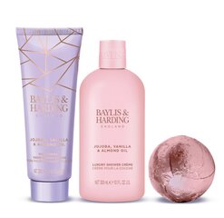 Rinkinys Baylis & Harding Jojoba, Vanilla & Almond Oil Luxury Heart Keepsake Gift Box Gift Set: dušo kremas, 300 ml + vonios bomba, 140 g + rankų ir kūno losjonas, 200 ml kaina ir informacija | Baylis & Harding Kvepalai, kosmetika | pigu.lt