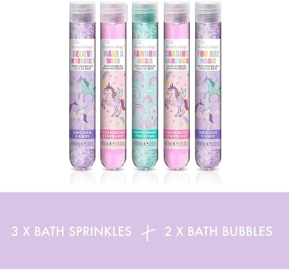 Dovanų rinkinys Baylis & Harding Beauticology Sprinkled with Love: vonios burbuliukai 2 x 65 ml + vonios pabarstukai 3 x 65 g kaina ir informacija | Dušo želė, aliejai | pigu.lt