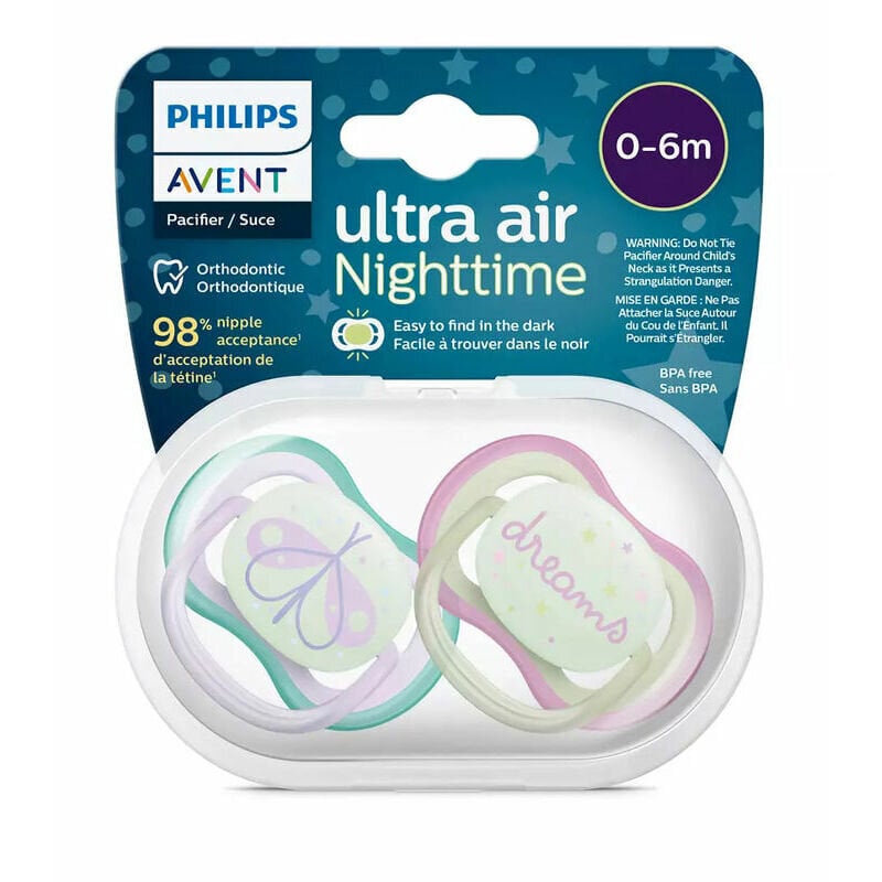 Čiulptukai Philips Avent Ultra Air Night, 0-6 mėn, 2 vnt. kaina ir informacija | Čiulptukai | pigu.lt