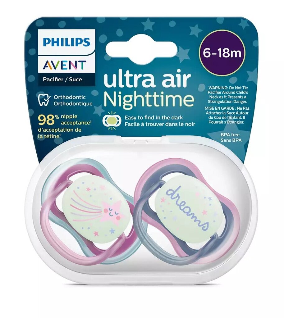 Čiulptukai Philips Avent Ultra Air Night, 6-18 mėn, 2 vnt. цена и информация | Čiulptukai | pigu.lt