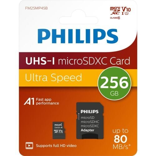 Atminties kortelė Philips MicroSDHC 256GB class 10|UHS 1 + Adapteris kaina ir informacija | Atminties kortelės telefonams | pigu.lt