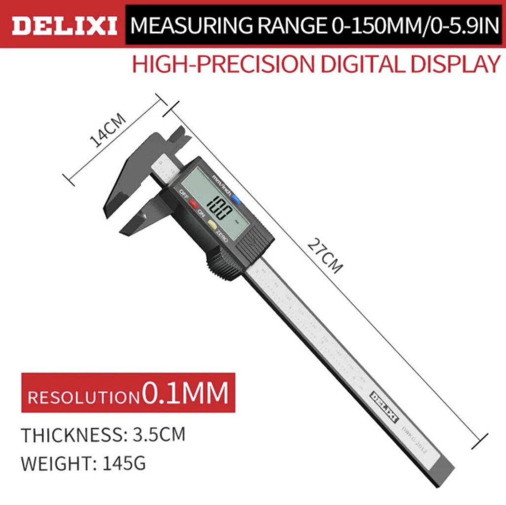 Delixi 150mm 0.1mm skaitmeninis slankmatis, 1 vnt. цена и информация | Mechaniniai įrankiai | pigu.lt