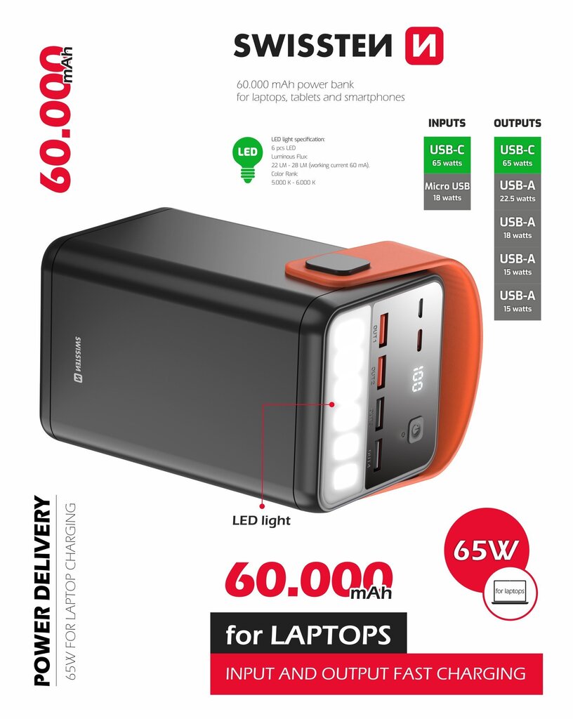 Swissten Power Line 60 000 mAh цена и информация | Atsarginiai maitinimo šaltiniai (power bank) | pigu.lt