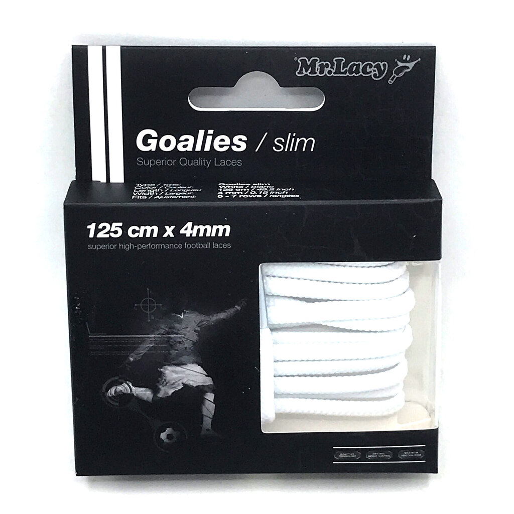 Mr.Lacy Goalies Slim plokšti raišteliai futbolo bateliams, balti, 125 cm цена и информация | Drabužių ir avalynės priežiūros priemonės | pigu.lt