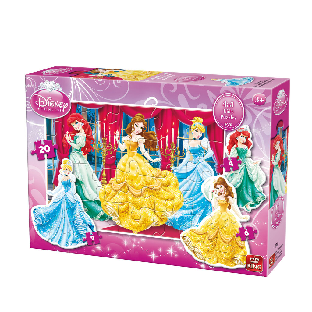 Dėlionė su princesėmis King Disney Princess 4 in 1, 39 d. kaina ir informacija | Dėlionės (puzzle) | pigu.lt