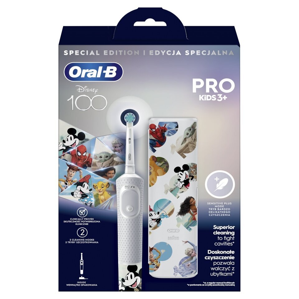 Oral-B Vitality Pro Kids 3+ Disney 100 + Travel Case цена и информация | Elektriniai dantų šepetėliai | pigu.lt