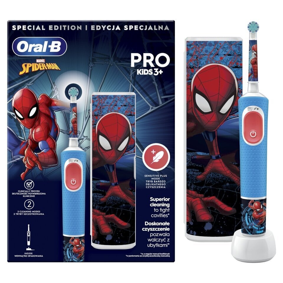 Oral-B Vitality Pro Kids 3+ Spiderman + Travel Case kaina ir informacija | Elektriniai dantų šepetėliai | pigu.lt