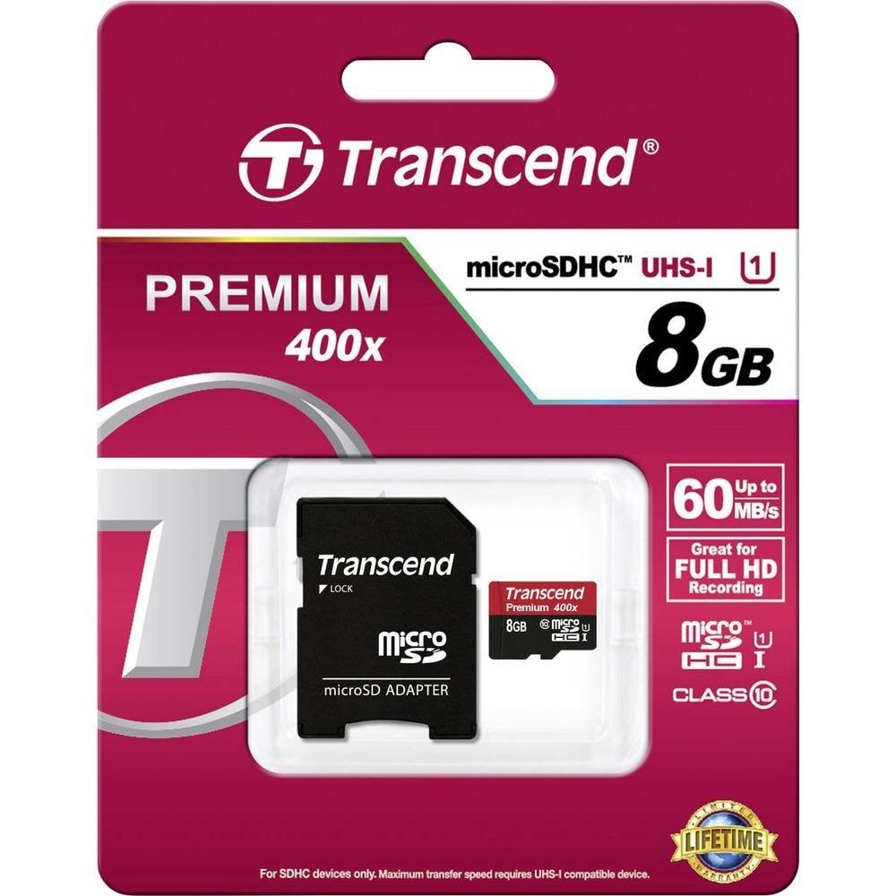 Atminties kortelė Transcend 8GB MicroSDHC Class10 UHS-1 + adapteris   цена и информация | Atminties kortelės fotoaparatams, kameroms | pigu.lt