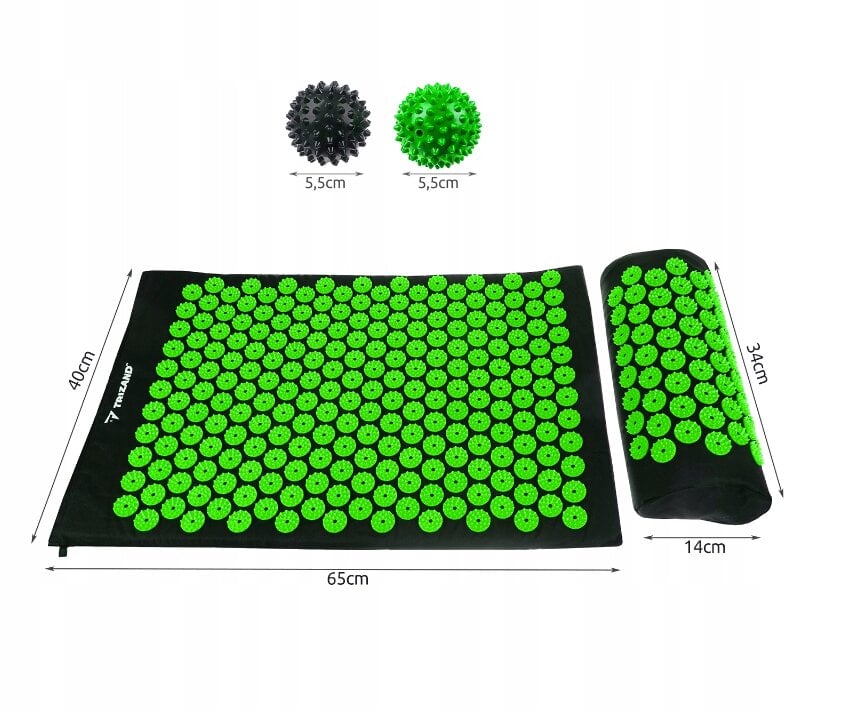 Akupunktūrinis masažinis kilimėlis su pagalvėle,dviem kamuoliukais ir  krepšiu, žalias kaina | pigu.lt