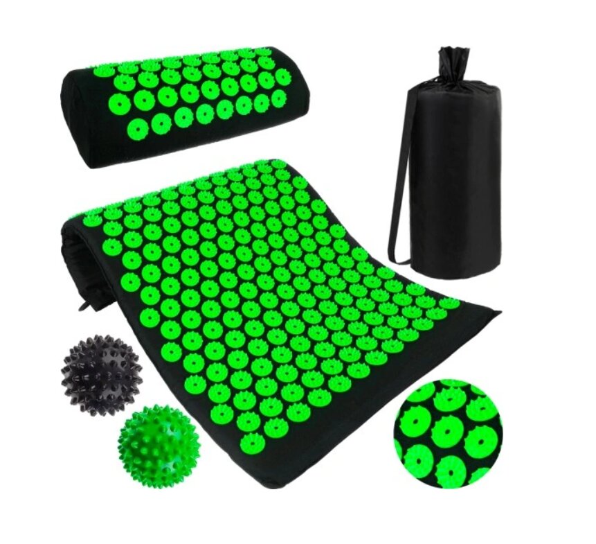 Akupunktūrinis masažinis kilimėlis su pagalvėle,dviem kamuoliukais ir  krepšiu, žalias kaina | pigu.lt