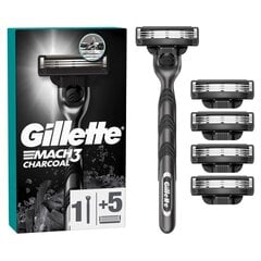 Skustuvo galvutės Gillette Mach3 Charcoal 5vnt + kotelis цена и информация | Косметика и средства для бритья | pigu.lt