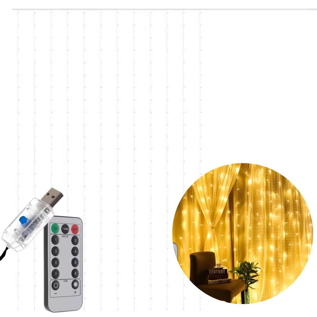 Šviesos užuolaida 300 LED USB - šiltai balta kaina ir informacija | Girliandos | pigu.lt