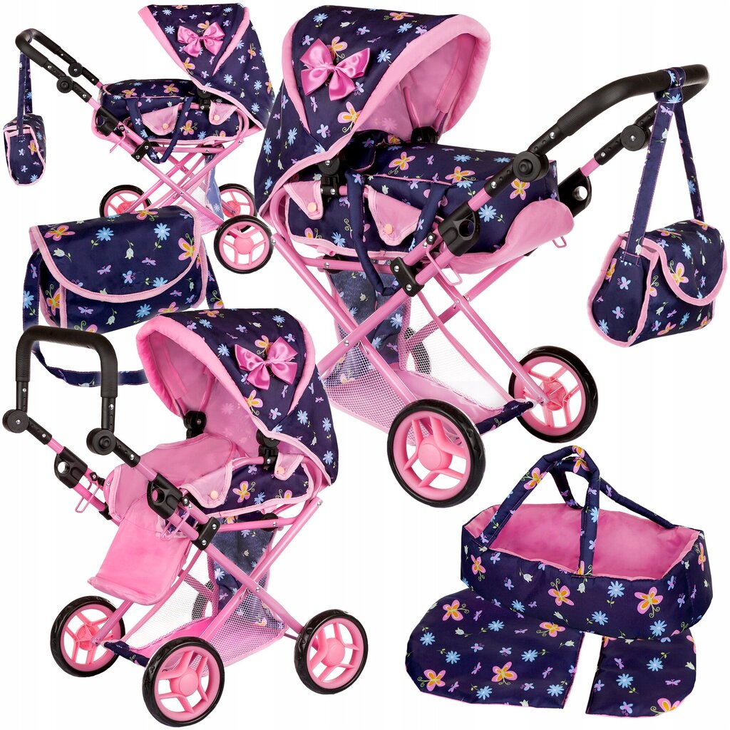 Lėlių vežimėlis 3in1 Kinderplay, mėlynas/rožinis kaina ir informacija | Žaislai mergaitėms | pigu.lt