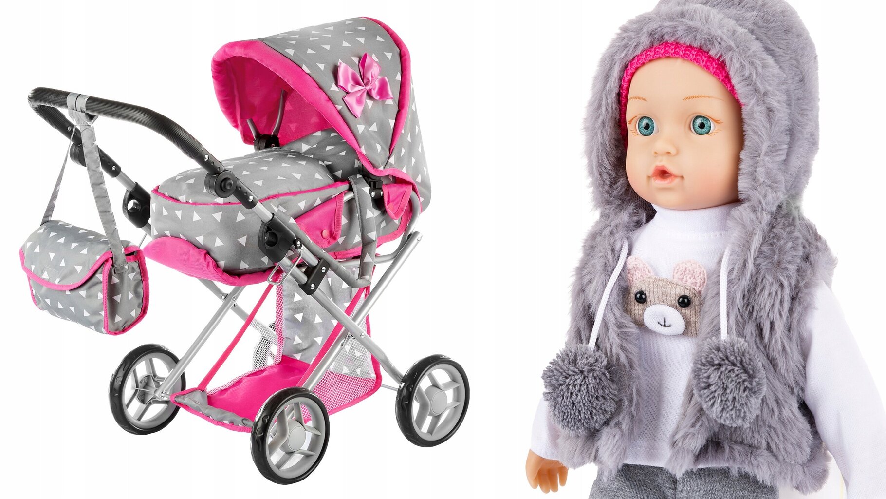 Lėlių vežimėlis su lėle 3in1 Kinderplay, pilkas kaina ir informacija | Žaislai mergaitėms | pigu.lt