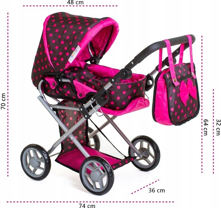 Lėlių vežimėlis su lovyte 3in1 Doris, juodas/rožinis kaina ir informacija | Žaislai mergaitėms | pigu.lt