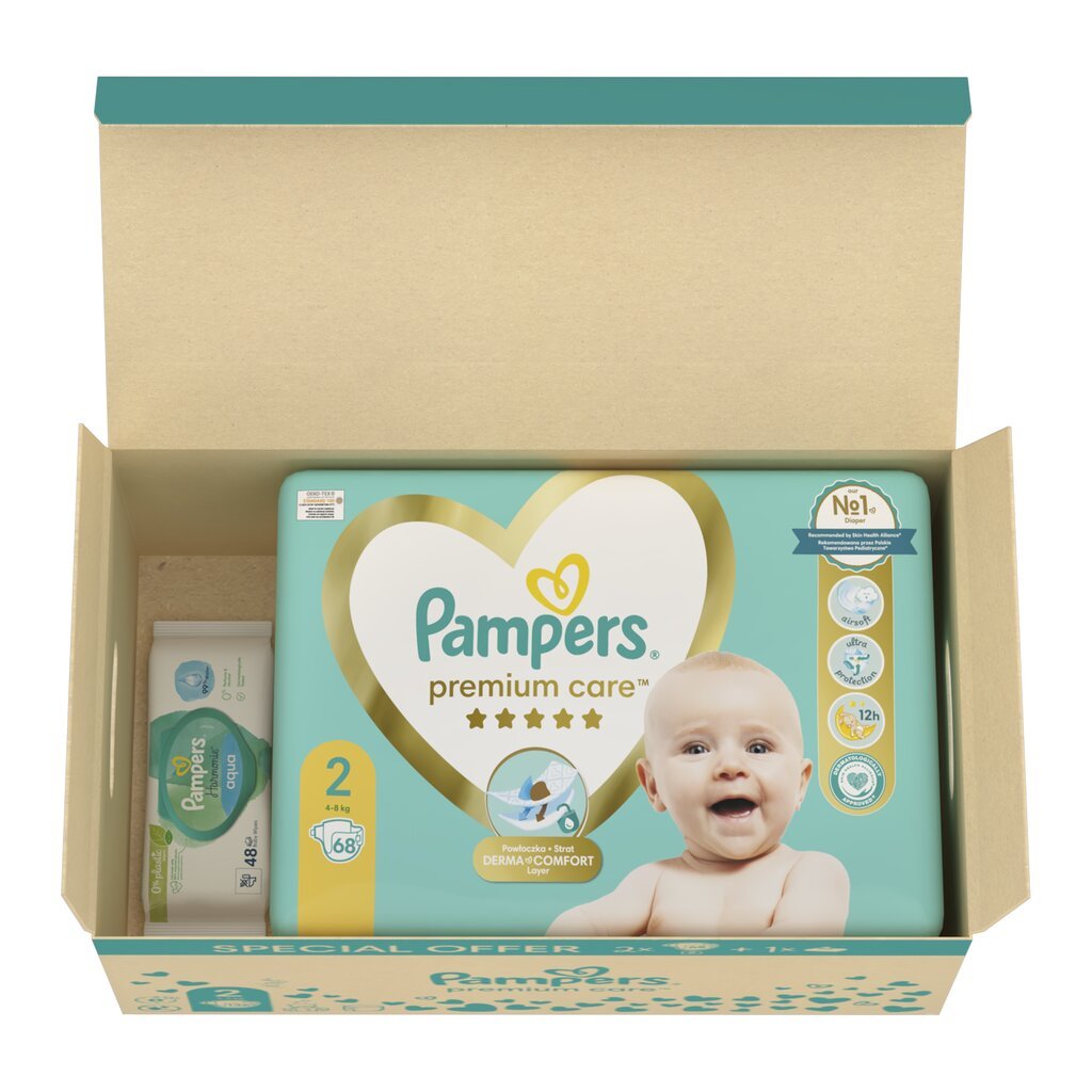 Sauskelnės Pampers Premium Care, 2 dydis 4–8 kg, 136 Vnt. + DOVANA Harmonie Aqua 48 Servetėlės Kūdikiams kaina ir informacija | Sauskelnės | pigu.lt