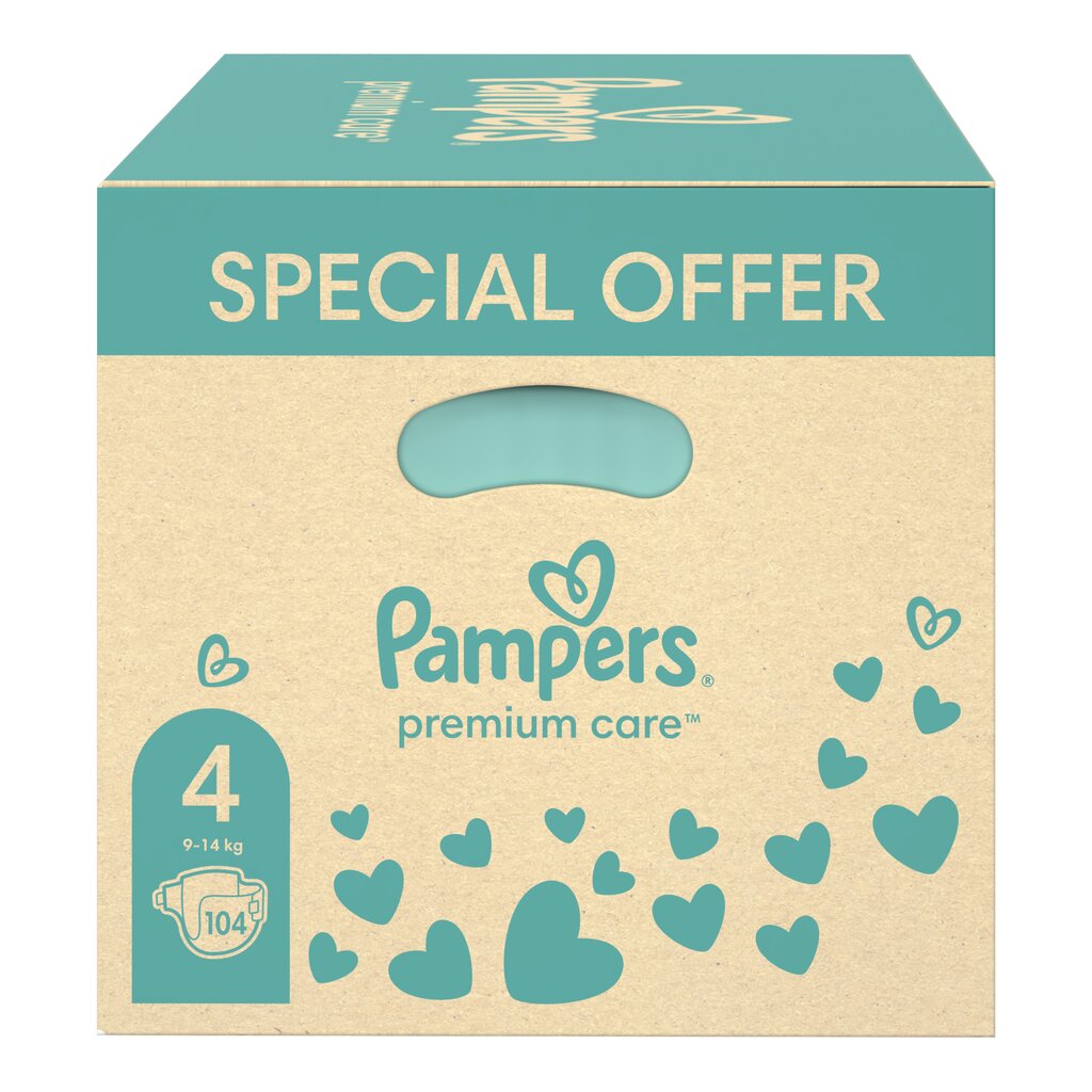 Sauskelnės Pampers Premium Care 4, 9–14 kg, 104 vnt. + Servetėlės Harmonie Aqua 48 vnt. kaina ir informacija | Sauskelnės | pigu.lt