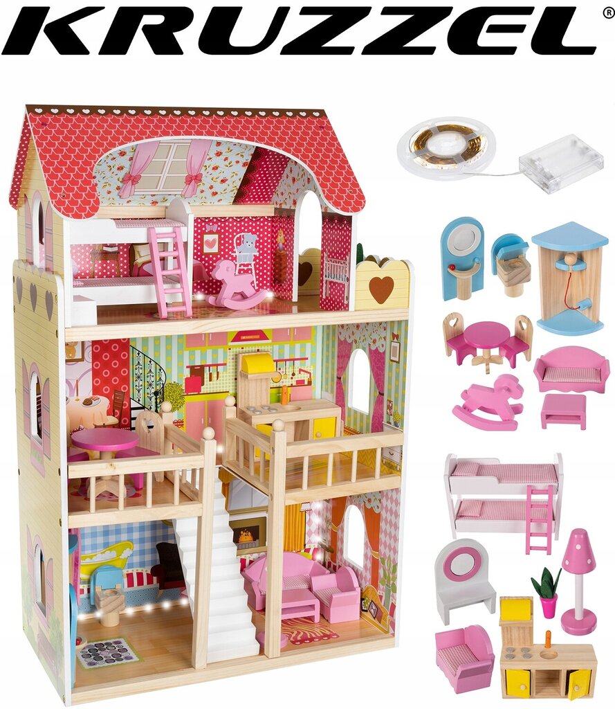 Medinis lėlių namelis su baldais Kruzzel kaina ir informacija | Žaislai mergaitėms | pigu.lt