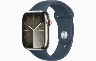 Apple Watch Series 9 GPS + Cellular 41mm Silver Stainless Steel Case with Storm Blue Sport Band - M/L MRJ33ET/A цена и информация | Смарт-часы (smartwatch) | pigu.lt