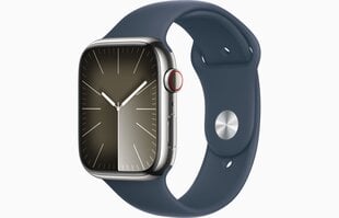 Apple Watch Series 9 GPS + Cellular 45mm Silver Stainless Steel Case with Storm Blue Sport Band - M/L MRMP3ET/A kaina ir informacija | Išmanieji laikrodžiai (smartwatch) | pigu.lt