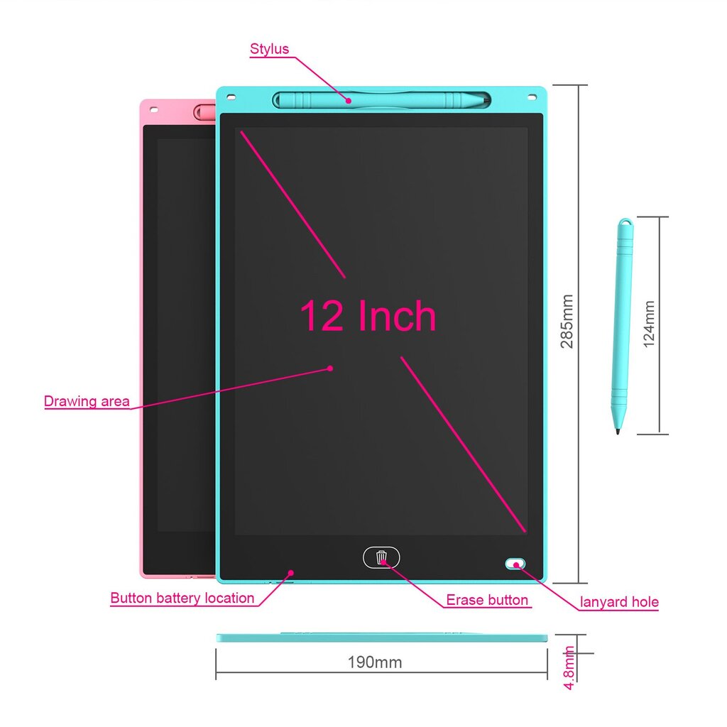 12 colių LCD piešimo planšetė su rašikliu, rožinė kaina ir informacija | Lavinamieji žaislai | pigu.lt