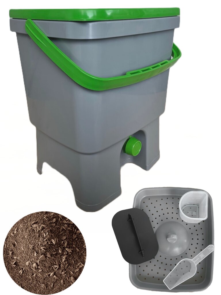 Virtuvinis kompostas Bokashi, 16 l, pilkas/žalias + 1 kg Bokashi granulių цена и информация | Komposto dėžės, lauko konteineriai | pigu.lt
