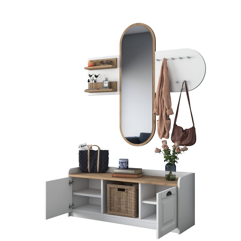 Prieškambario baldų komplektas su veidrodžiu Asir, 120x45x40 cm, baltas kaina ir informacija | Prieškambario komplektai | pigu.lt