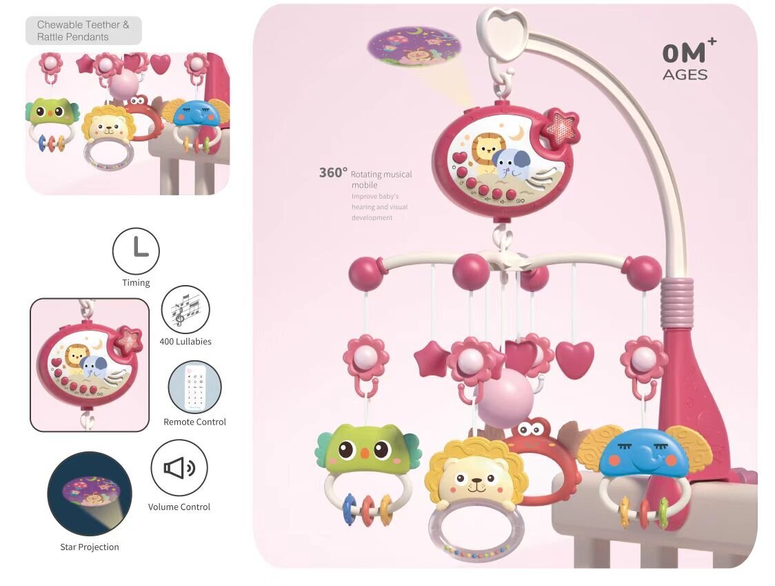 Kūdikių lovytės karuselė su nuotolinio valdymo pulteliu Kontext, KX5469, rožinė цена и информация | Žaislai kūdikiams | pigu.lt