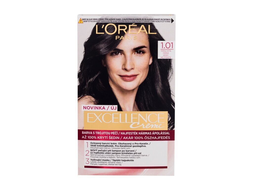 Ilgalaikiai plaukų dažai L'Oréal Paris Excellence Creme, moterims, 1.01 Dark Deep Black цена и информация | Plaukų dažai | pigu.lt