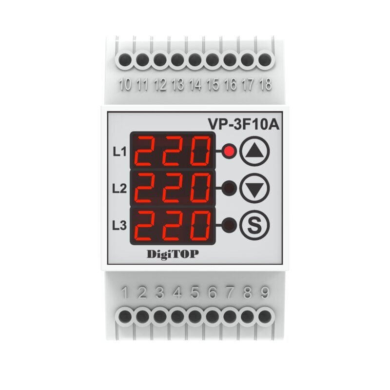 Trifazių įtampos relejus DigiTOP VP-3F10A 1 vnt. kaina ir informacija | Elektros jungikliai, rozetės | pigu.lt