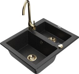 Granitinė virtuvinė plautuvė Mexen Carlos su maišytuvu ir sifonu, Metallic black/silver+Gold цена и информация | Раковины на кухню | pigu.lt