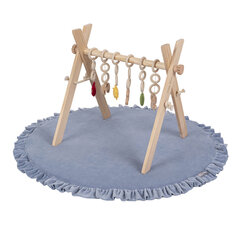 KiddyMoon Деревянный игровой зал с мягким пенопластовым ковриком для малышей с подвесными игрушками Монтессори-игрушка для малышей, натуральный с голубым ковриком цена и информация | Игрушки для малышей | pigu.lt