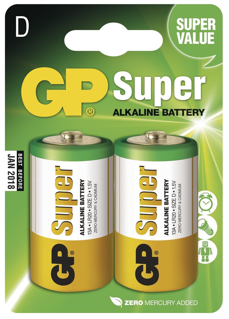 Baterijos GP Super Alkaline, D (LR20), 2vnt. kaina ir informacija | Elementai | pigu.lt