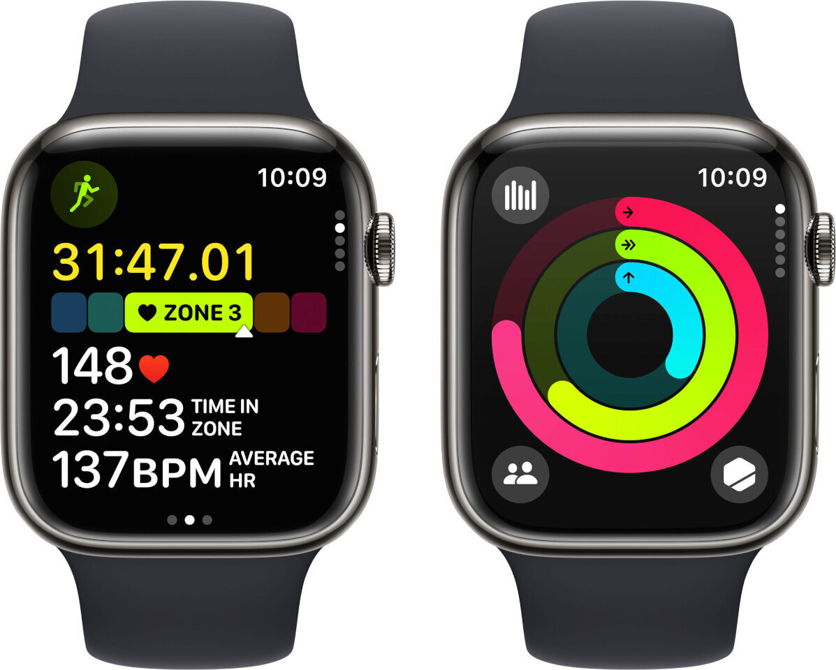 Apple Watch Series 9 GPS + Cellular 45mm Graphite Stainless Steel Case with Midnight Sport Band - M/L MRMW3KS/A kaina ir informacija | Išmanieji laikrodžiai (smartwatch) | pigu.lt