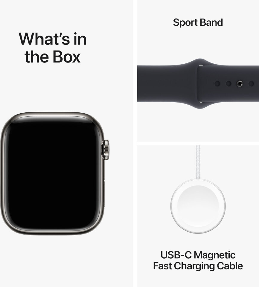 Apple Watch Series 9 GPS + Cellular 45mm Graphite Stainless Steel Case with Midnight Sport Band - M/L MRMW3KS/A kaina ir informacija | Išmanieji laikrodžiai (smartwatch) | pigu.lt