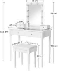 Косметический столик Vasagle RDT172W01 с зеркалом и табуретом, белый цена и информация | Туалетные столики | pigu.lt