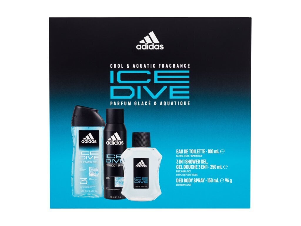 Rinkinys vyrams Adidas Ice Dive: tualetinis vanduo EDT vyrams, 100 ml + dušo želė, 250 ml + dezodorantas, 150 ml kaina ir informacija | Kvepalai vyrams | pigu.lt