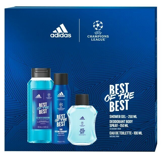 Dovanų rinkinys vyrams Adidas UEFA Best Of The Best: tualetinis vanduo EDT 100 ml + dušo želė 250 ml + purškiamas dezodorantas 150 ml kaina ir informacija | Dezodorantai | pigu.lt