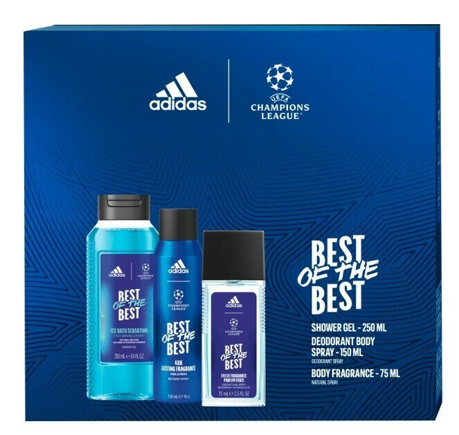 Dovanų rinkinys Adidas Uefa Best Of The Best vyrams: purškiamas dezodorantas, 75 ml + dušo želė, 250 ml + purškiamas dezodorantas, 150 ml цена и информация | Dezodorantai | pigu.lt