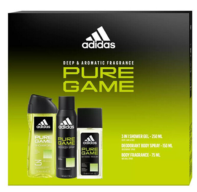 Dovanų rinkinys Adidas Pure Game vyrams: purškiamas dezodorantas, 75 ml + purškiamas dezodorantas, 150 ml + dušo želė, 250 ml kaina ir informacija | Dezodorantai | pigu.lt