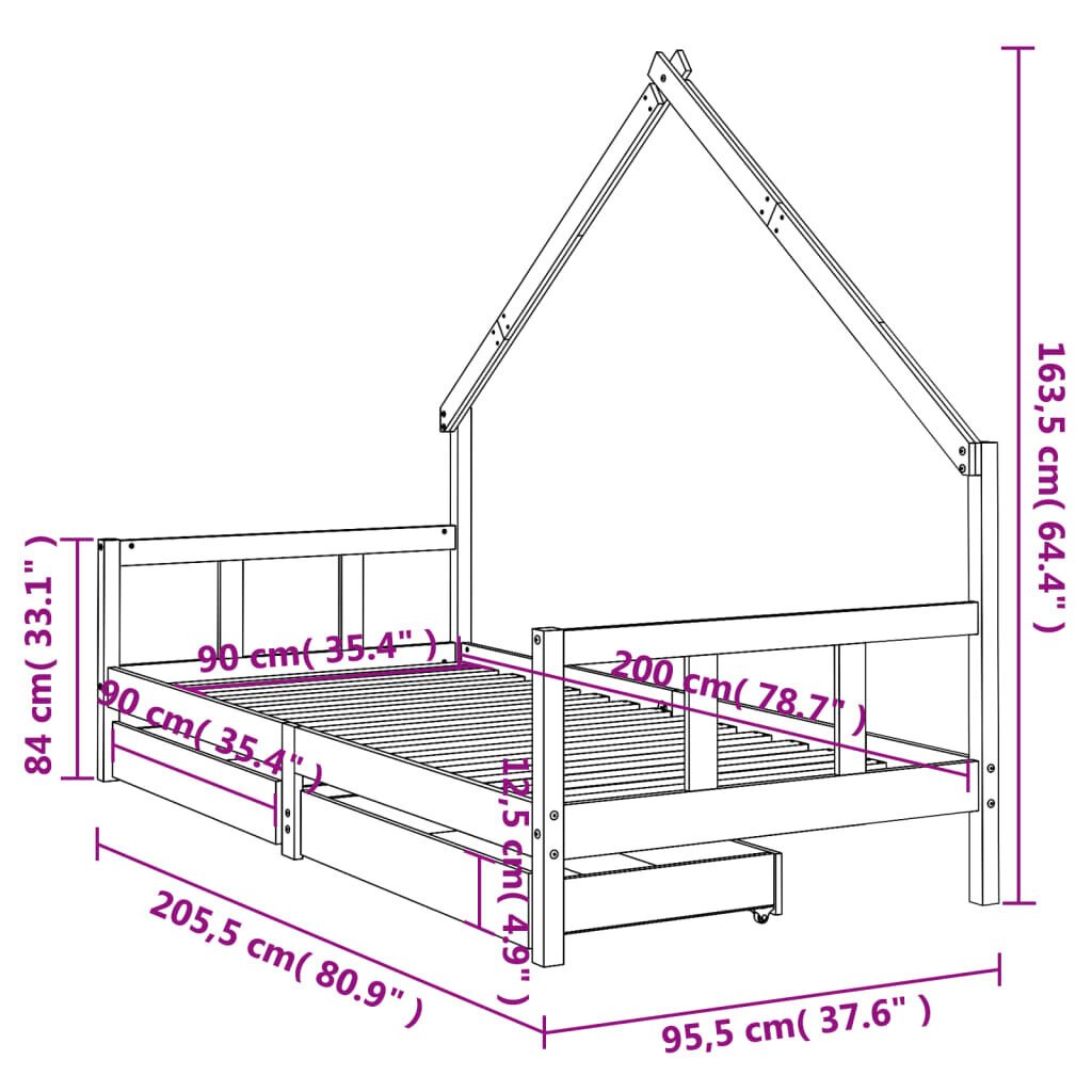 Vaikiškos lovos rėmas vidaXL, 90x200 cm, rudas kaina ir informacija | Vaikiškos lovos | pigu.lt