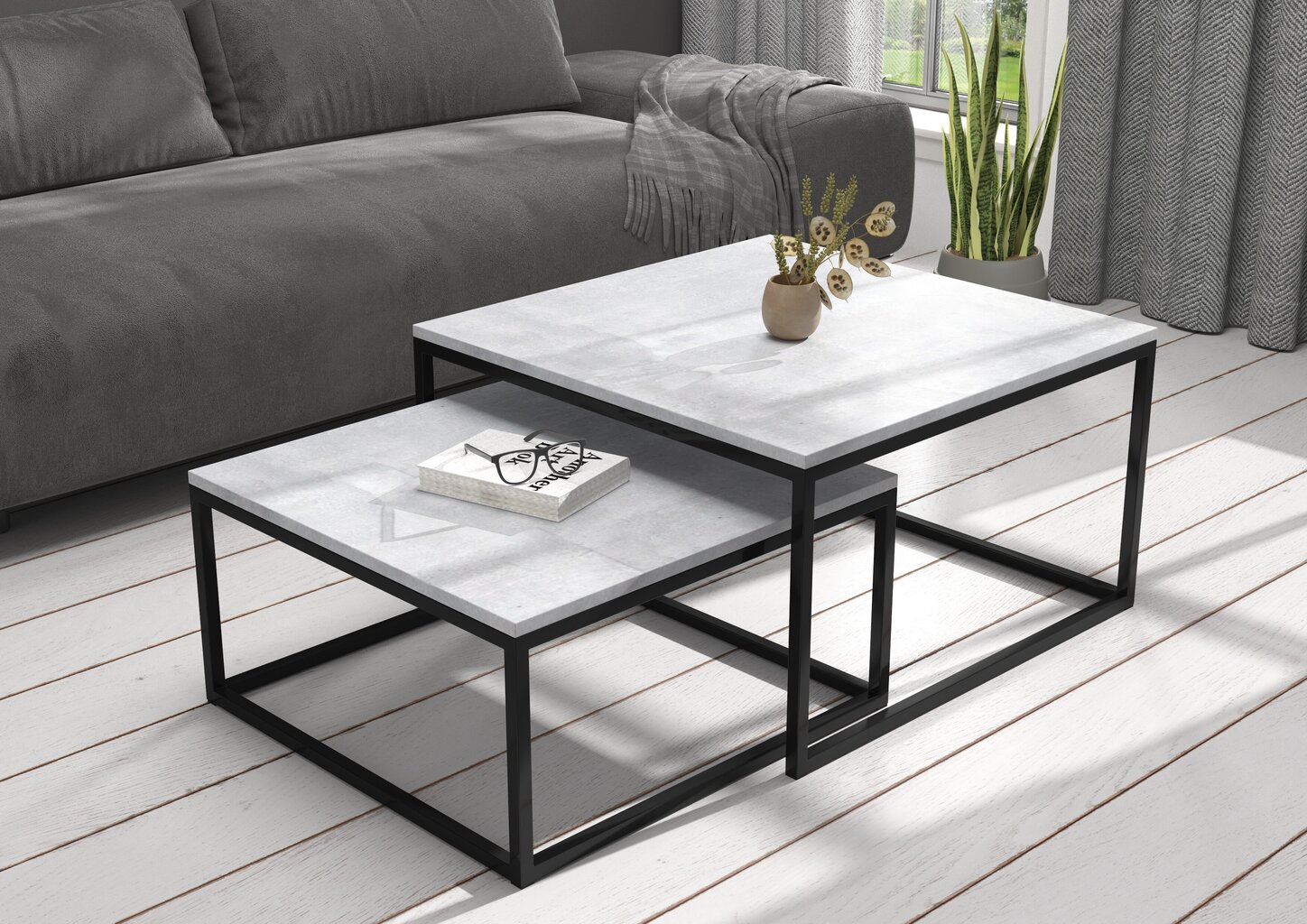 Kavos staliukų komplektas ADRK Furniture Kama, pilkas/juodas kaina ir informacija | Kavos staliukai | pigu.lt
