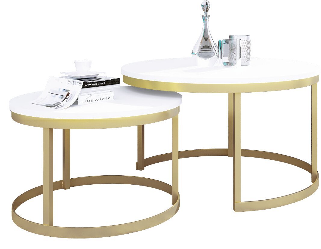 Kavos staliukų komplektas ADRK Furniture Okin, baltas/aukso kaina ir informacija | Kavos staliukai | pigu.lt