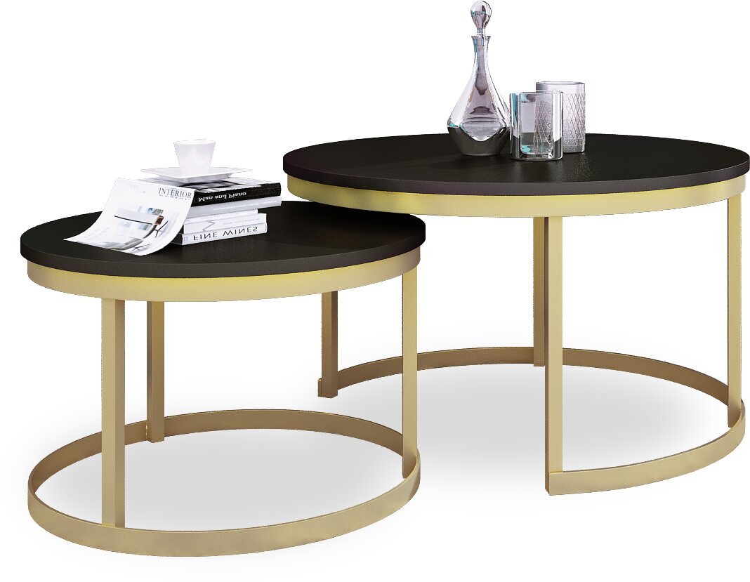 Kavos staliukų komplektas ADRK Furniture Okin, juodas/aukso kaina ir informacija | Kavos staliukai | pigu.lt