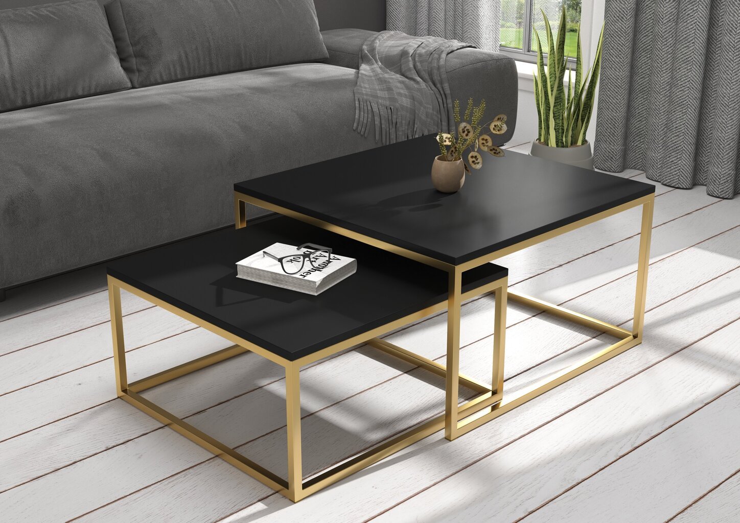 Kavos staliukų komplektas ADRK Furniture Kama, juodas/aukso kaina ir informacija | Kavos staliukai | pigu.lt