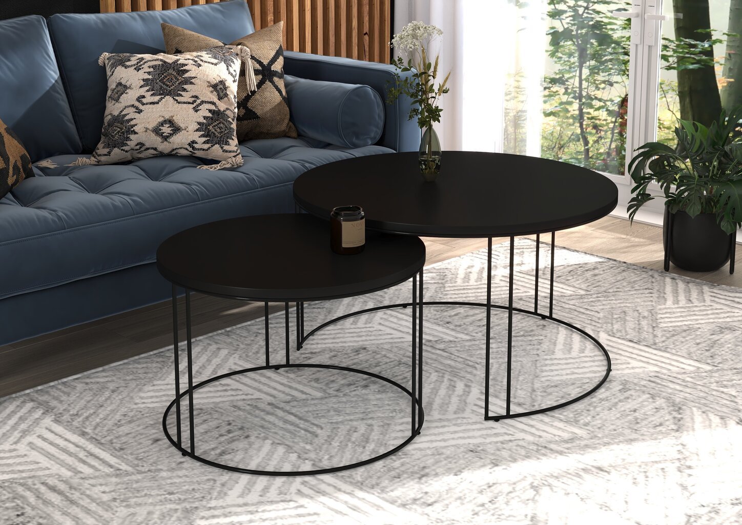 Kavos staliukų komplektas ADRK Furniture Etta, juodas kaina ir informacija | Kavos staliukai | pigu.lt