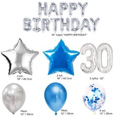30-ojo gimtadienio balionų rinkinys, sidabrinė, mėlyna, 45 vnt kaina ir informacija | Balionai | pigu.lt